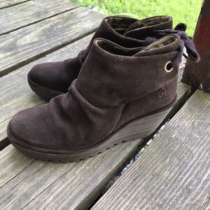 FLY London Yebi Espresso Suede Ruched Ankle Wedge Boots with Tie EU 37 US 6.5